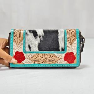Portefeuille en cuir véritable fait main avec patch en cuir de vachette, gaufrage floral, fermeture éclair, style bohème, portefeuille court pour femme, usage quotidien - Product Image 2