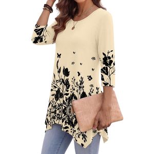 Chemisier ample en rayonne beige à motif floral damassé, imprimé vintage, col rond, ourlet à volants, style bohème pour femme - Product Image 3