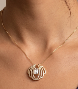 <b>Emerald</b> Cut Lab Grown Diamond <b>Pendant</b> Necklace in Gold, Statement Halo <b>Pendant</b> for Women, Luxury Gift Jewelry - Product Image 1