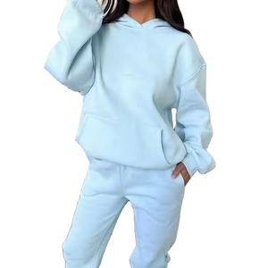 Chándal personalizado de algodón orgánico, conjunto de Sudadera con capucha y pantalones de dos piezas de lana de talla grande para mujer, ropa de otoño - Product Image 3