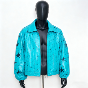 Men's Red PU Leather Bomber <b>Jacket</b> Turn-down Collar Zipper Closure Embossed <b>Star</b> Gear Pattern Casual Style Regular Length - Product Image 5
