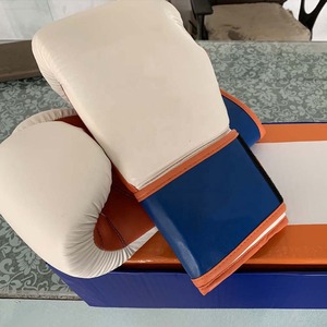 White Boxing Gloves with Blue Wrist <b>Strap</b> Leather <b>Velcro</b> Closure for Adults Training - Product Image 5