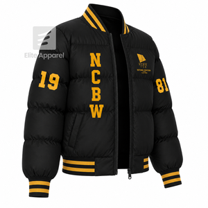 Custom NCBW Coalition Puffer jacket embroidered logo on front <b>black</b> and gold color full sleeve jacket for female - Product Image 2