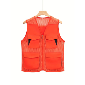 Gilet utilitaire tendance multi-poches avec fermeture éclair, sans manches, en maille, couleur orange, pour la pêche, la photographie, les activités de plein air pour hommes - Product Image 1