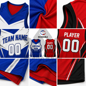 Camiseta de Baloncesto Sublimada Personalizada con Nombre de Equipo 00 Roja y Azul Unisex para Adultos, Camiseta sin Mangas con Cuello en V de Poliéster que Absorbe la Humedad - Product Image 4