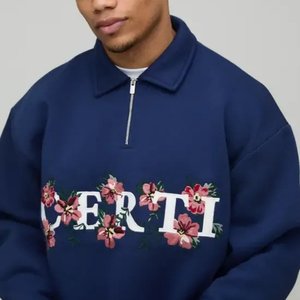 OEM Custom 100% Cotton 3d Embossed 1/4 Quarter Half Zip <b>Pullover</b> <b>Jumper</b> Fleece Vintage Oversized Mock Neck Sweatshirt Men - Product Image 4