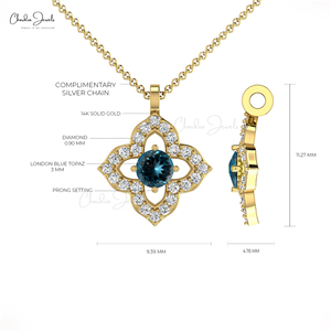 Élégant pendentif fleur en or pur 14 carats avec topaze bleue de Londres taille ronde de 3 mm et halo de diamants, collier cadeau d'anniversaire pour elle - Product Image 4