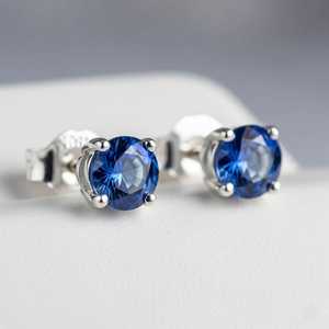 925 Sterling Silver <b>Blue</b> Sapphire <b>Stud</b> <b>Earrings</b> September Birthstone Elegant Gemstone Jewelry Gift For Women - Product Image 2