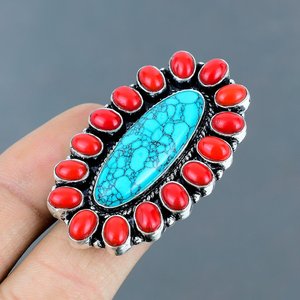 Wholesale Handmade 925 Sterling Silver Blue Turquoise and Red Coral Cluster <b>Ring</b> Opaque Gemstone <b>Statement</b> <b>Rings</b> For Women Bulk - Product Image 2