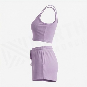 Conjunto de 2 Piezas para Mujer, Top Corto y Pantalones Cortos Acanalados, Color Sólido, Sin Mangas, Estilo Casual, Largo por Encima de la Rodilla, Mezcla de Algodón y Spandex - Product Image 3