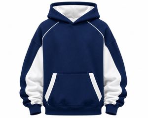เสื้อฮู้ดสีน้ำเงินกรมท่าแบบยูนิเซ็กซ์ แขนเสื้อแบบแร็กแลน ดีไซน์กระเป๋าสีขาว แต่งผ้าสีขาว สวมใส่สบายๆ ในฤดูใบไม้ร่วง ทรงปกติ ผ้าเฟรนช์เทอร์รี่ถัก - Product Image 1