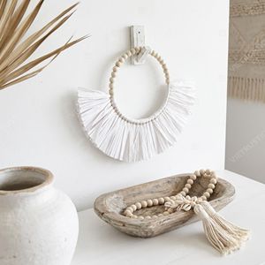 Decoración de Pared Boho con Cuentas Redondas y Hojas de Palma, Adorno Colgante con Flecos en Forma de Luna Creciente, Tapiz de Rafia, Decoración de Interiores para el Hogar - Product Image 5