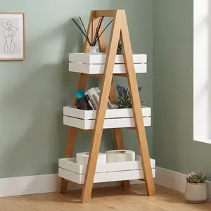 Étagère de rangement en bois de manguier à 3 niveaux, design minimaliste, paniers blancs, organisateur pour salle de bain, cuisine, salon - Product Image 3