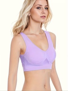 Women Deep V Neckline Athletic Bra Back <b>Mesh</b> Inset Ruched Front Tennis Training <b>Crop</b> Vest High Elasticity Exercise <b>Top</b> - Product Image 3