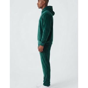 Custom <b>Velvet</b> Blank Heavyweight Solid Green <b>Tracksuit</b> for Men Pullover Regular Fit Hoodie and Sweatpants Jogger Sets Manufacture - Product Image 2