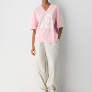 High Quality Comfortable V-Neck Washed Women's 100% Cotton Oversize Short Sleeve Summer Pink Casual Embroidered T-Shirt Women - Product Image 4