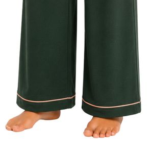 Manufacturer Womens Dark <b>Green</b> Long Sleeve Crop Cardigan Wide Leg Pajama Set Embroidered Lounge Sleepwear Soft Breathable OEM - Product Image 6
