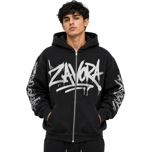 Sweat à capuche pour homme Y2K avec motif graffiti, noir, en molleton français, fermeture éclair intégrale, poche kangourou, coupe ample, design personnalisé - Product Image 1