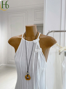 <b>White</b> Casual Natural Lace Halter Neck <b>Maxi</b> Dress Shoulder Bow Sleeveless Elegant Lightweight Breathable Soft Touch Woven - Product Image 4