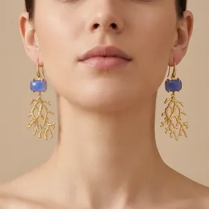 Wholesale Trending Jewelry 18k <b>Gold</b> Plated Brass Hook <b>Earring</b> Gemstone Blue Chalcedony Coral Branch Drop <b>Earring</b> Claw Setting - Product Image 4
