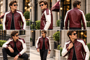 Chaqueta de cuero con tachuelas para hombre, estilo motero, con mangas con paneles blancos y bolsillos con cremallera, prenda exterior de moda. - Product Image 6