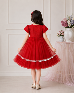 Girls <b>Red</b> Tulle Party Dress With <b>Bow</b> Applique A-Line Knee-Length Cap Sleeve Solid Color Winter Dress - Product Image 2