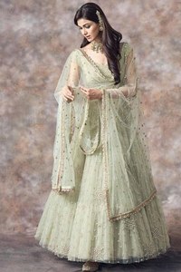 <b>Light</b> Green Embroidered Lehenga Set <b>Net</b> Unstitched Evening Dress Bollywood Wedding Outfit With Dupatta - Product Image 5