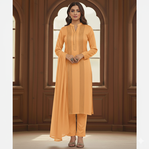Salwar Kameez en coton orange pour femmes avec coutures verticales, longueur au sol, tenue décontractée traditionnelle pour l'Inde et le Pakistan - Product Image 6