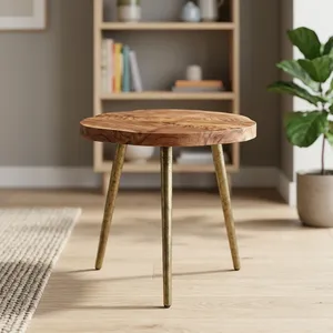 Modern Wooden Iron Dining <b>Table</b> with Round Top and Tripod Stand <b>Rustic</b> Accent Furniture for Living Room Kitchen Cafe Home Decor - Product Image 1