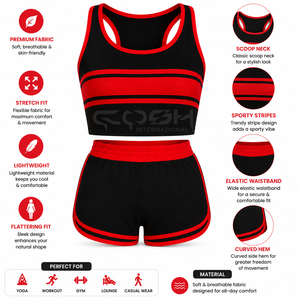 Cosh International Sorority Sisterhood Black Red Striped 2 Piece Sports Set <b>Sleeveless</b> Crop <b>Top</b> Shorts Quick Dry <b>Knitted</b> Sporty - Product Image 6