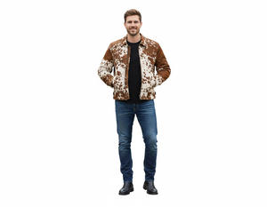 Veste en cuir de vachette pour homme avec poils naturels et imprimé vache, veste élégante et tendance, toucher doux, cuir véritable pour homme - Product Image 1