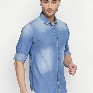Camisa de Mezclilla Azul Claro Lavada de Alta Calidad para Hombre, Casual, Manga Larga, con Botones, Transpirable, Corte Ajustado, 100% Algodón, Antiarrugas, Secado Rápido - Product Image 4