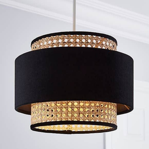 Lámpara Colgante Moderna Boho de Tela Negra y Ratán, Tejido de Mimbre Hecho a Mano, Lámpara Colgante de 2 Niveles para Decoración de Sala de Estar - Product Image 1
