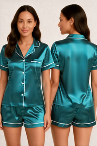 Ensemble de pyjama en satin rayé à manches courtes pour femmes avec col rabattu et fermeture boutonnée, vêtements de nuit d'été - Product Image 1