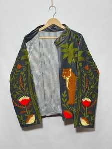 Bohemian Love Tropical Statement Tiger Snake Gray Suzani Floral Boho <b>Coat</b> Hand Embroidered Suzani <b>Velvet</b> Jacket Winter Cardigan - Product Image 3