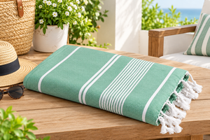 <b>Pink</b> Cotton Fouta Beach <b>Towel</b> with White Stripes and Tassels Woven Plain Dyed Washable Sustainable Eco-Friendly Home Textile - Product Image 2
