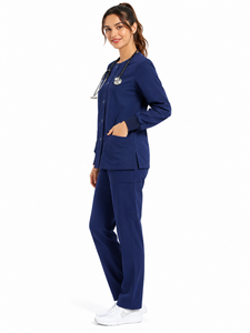 Blouse de travail unisexe décontractée à manches longues, cardigan tissé à simple boutonnage, col rond, vêtement de travail pour infirmières, veste respirante pour médecins - Product Image 3