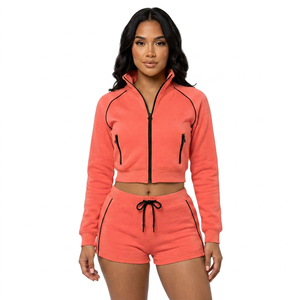 Ensemble de survêtement rayé court pour femme en polyester/coton, deux pièces, veste zippée et short assorti, grandes tailles, été, vente en gros, logo personnalisé - Product Image 1