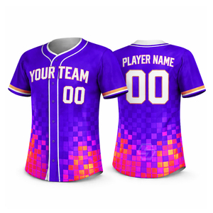 Camiseta de Béisbol Personalizada Unisex de Manga Corta con Botones al Frente, Estampado Sublimado con Patrón Geométrico en Morado, Rosa y Naranja, 100% Poliéster - Product Image 1
