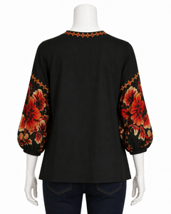 เสื้อยืดแขนพองลายดอกไม้สีดำสำหรับผู้หญิงของแฮชบลูมคอกลมทรงหลวมลำลองฤดูใบไม้ผลิฤดูร้อนเสื้อถักโพลีเอสเตอร์ - Product Image 5