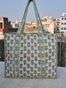 Cotton Fabric Quilted Duffle Tote Shoulder <b>Bag</b> Solid Pattern Eco-Friendly Leather <b>Canvas</b> Lining Travel Beach Embroidery <b>Large</b> - Product Image 1