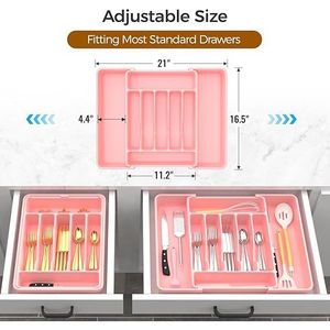 Organizzatore per posate da cucina espandibile extra large, senza BPA, per alimenti, in argento, per cassetti e utensili - Product Image 6