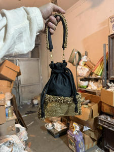 Handmade <b>Black</b> Drawstring Potli <b>Bag</b> Gold Embossed Metal Base Beaded Handle Antique Style <b>Evening</b> Purse for Women Wholesale - Product Image 2