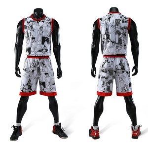 Ensemble d'uniformes de basketball personnalisés pour hommes, respirant, 100 % polyester, manches courtes, col en V/col rond, impression par transfert thermique - Product Image 2