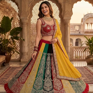 Lehenga Choli Bordado Multicolor de Estilo Real con Dupatta Amarilla, de Secado Rápido, para Verano, Navratri, Bodas, Fiestas, Invierno y Eventos Festivos - Product Image 1