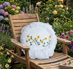 Fundas de Cojín Redondas Vintage con Apliques Bordados de Girasoles, 100% Algodón Lavable, con Lazos, para Hogar y Hotel, Venta al Por Mayor Personalizada - Product Image 1
