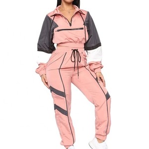 Conjunto Deportivo de Mujer con Bloques de Color, Manga Larga, Pantalones Deportivos, Media Cremallera, Ajuste Holgado, Transpirable, Poliéster, Ropa Casual de Primavera - Product Image 1