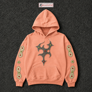 Sudadera con Capucha Oversize Gótica Color Melocotón con Diseño de Cruz con Tachuelas y Detalles de Pedrería en las Mangas, Estilo Urbano Unisex - Product Image 5