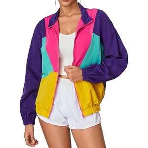Chaqueta Ligera de Mujer con Bloques de Color y un Solo Botón, Estilo Patchwork Deportivo, Cortavientos Retro de los 80, Ropa Deportiva para Correr al Aire Libre - Product Image 1