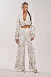 Women's <b>White</b> Sequined <b>2</b>-<b>Piece</b> Blazer <b>Set</b> Full Sleeve Loose Fit Elegant Spring Summer Satin Long Pants Suit - Product Image 5